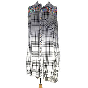 Miss Me Shirt Dress Small Gray Embroidered Ombre Boho Flannel High Low Tunic